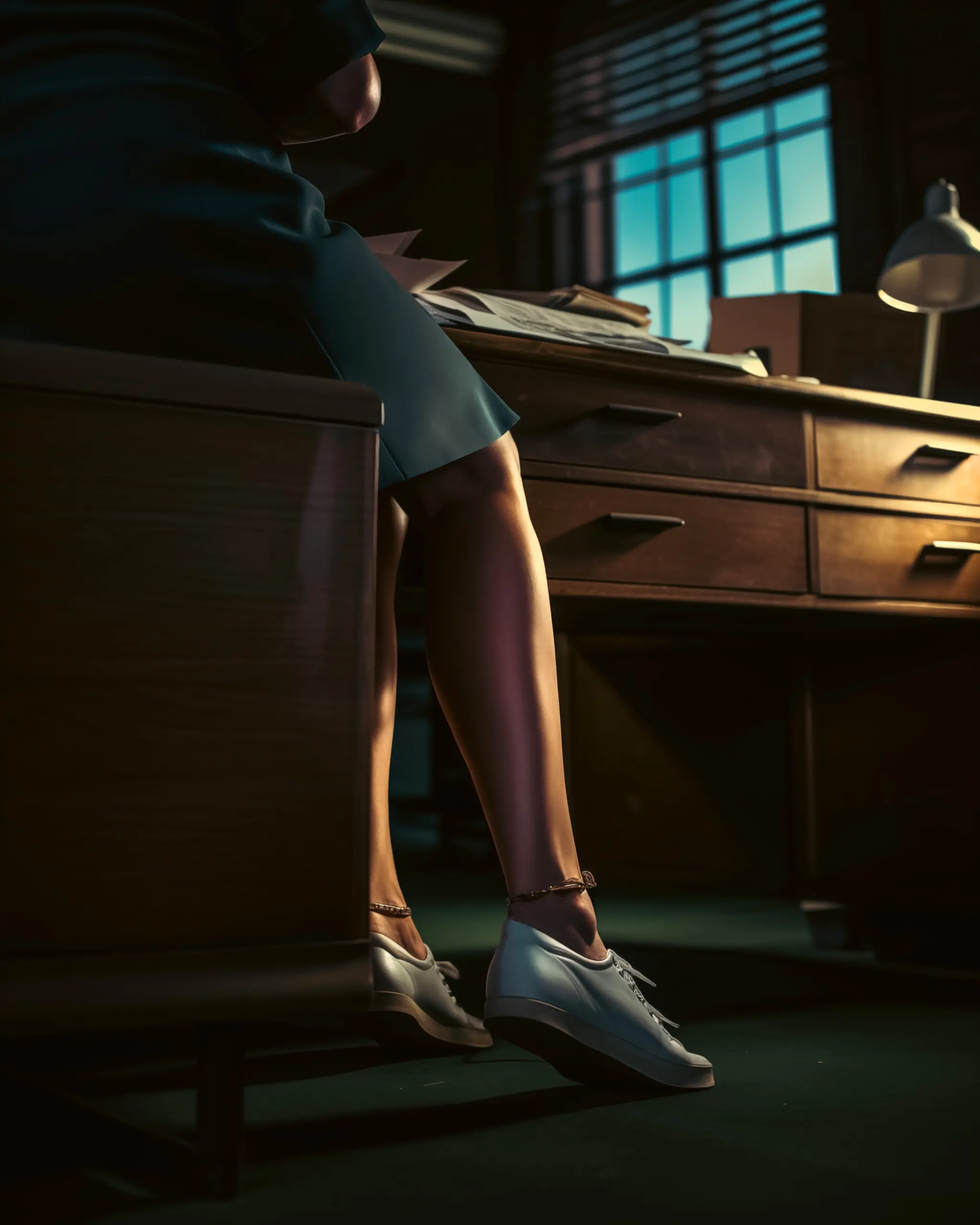 ai image of cinematic scene of workers legs next to a desk