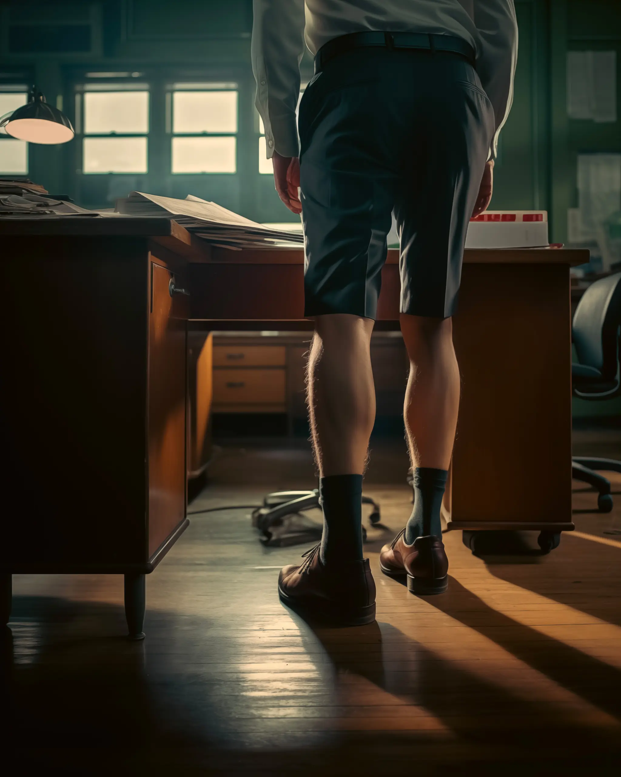 ai image of cinematic scene of workers legs next to a desk