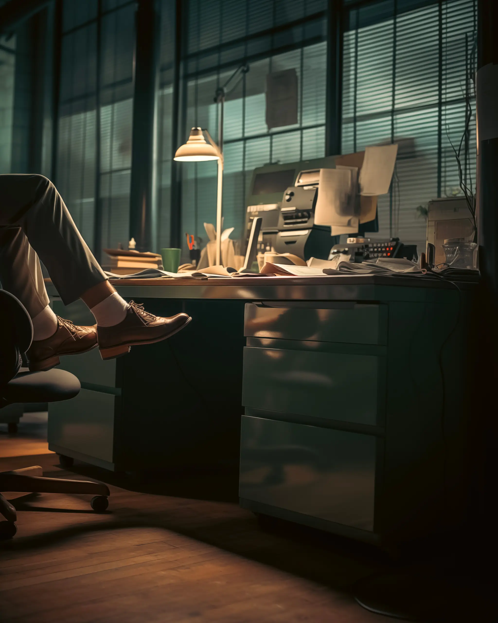 ai image of cinematic scene of workers legs next to a desk