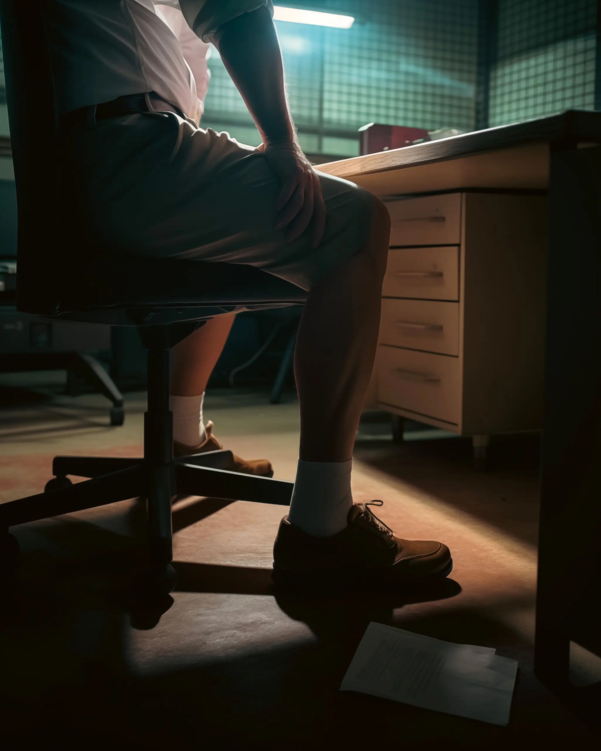 ai image of cinematic scene of workers legs next to a desk