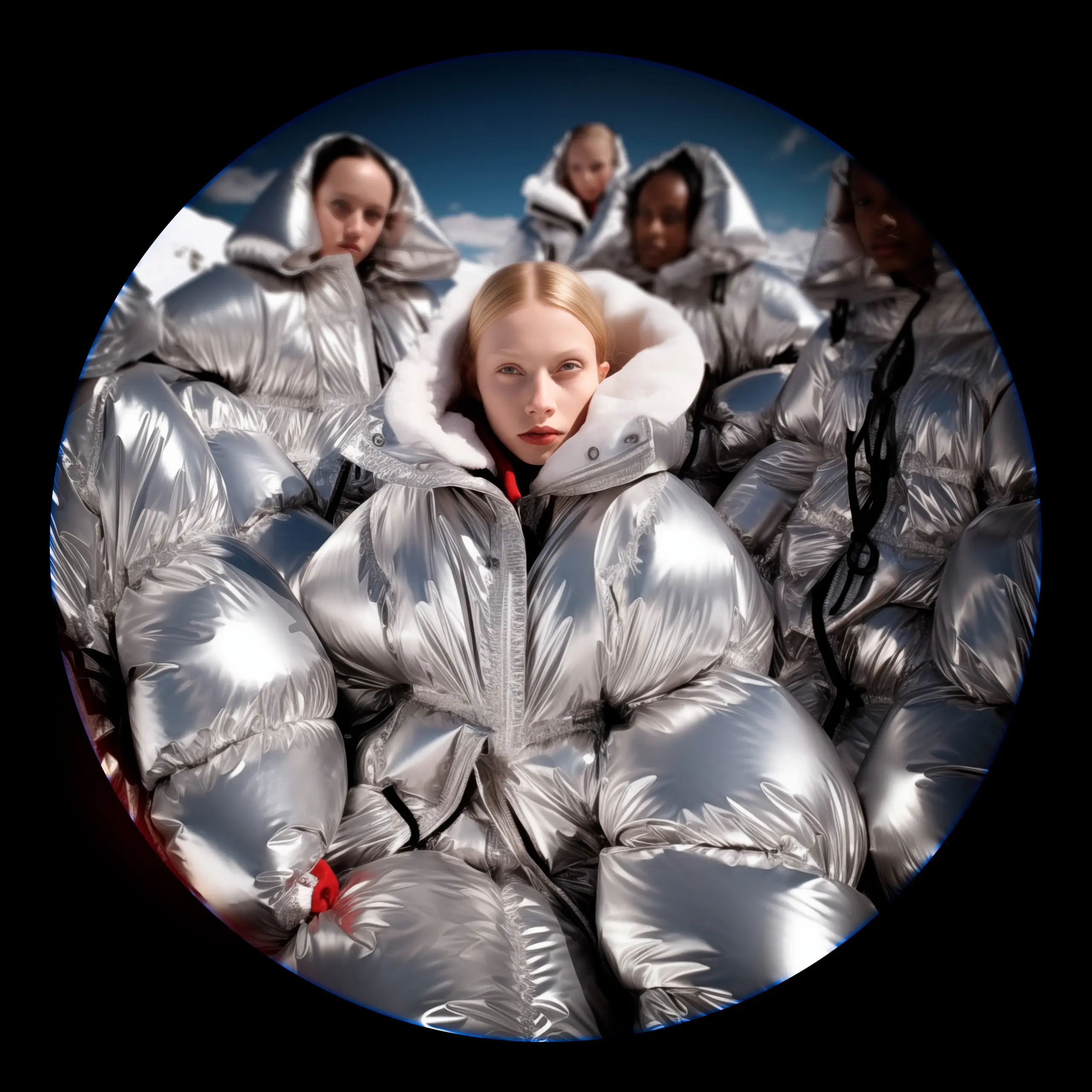 ai image of fashion photography on snowy mountain, women with chrome puffer jackets, fisheye photography