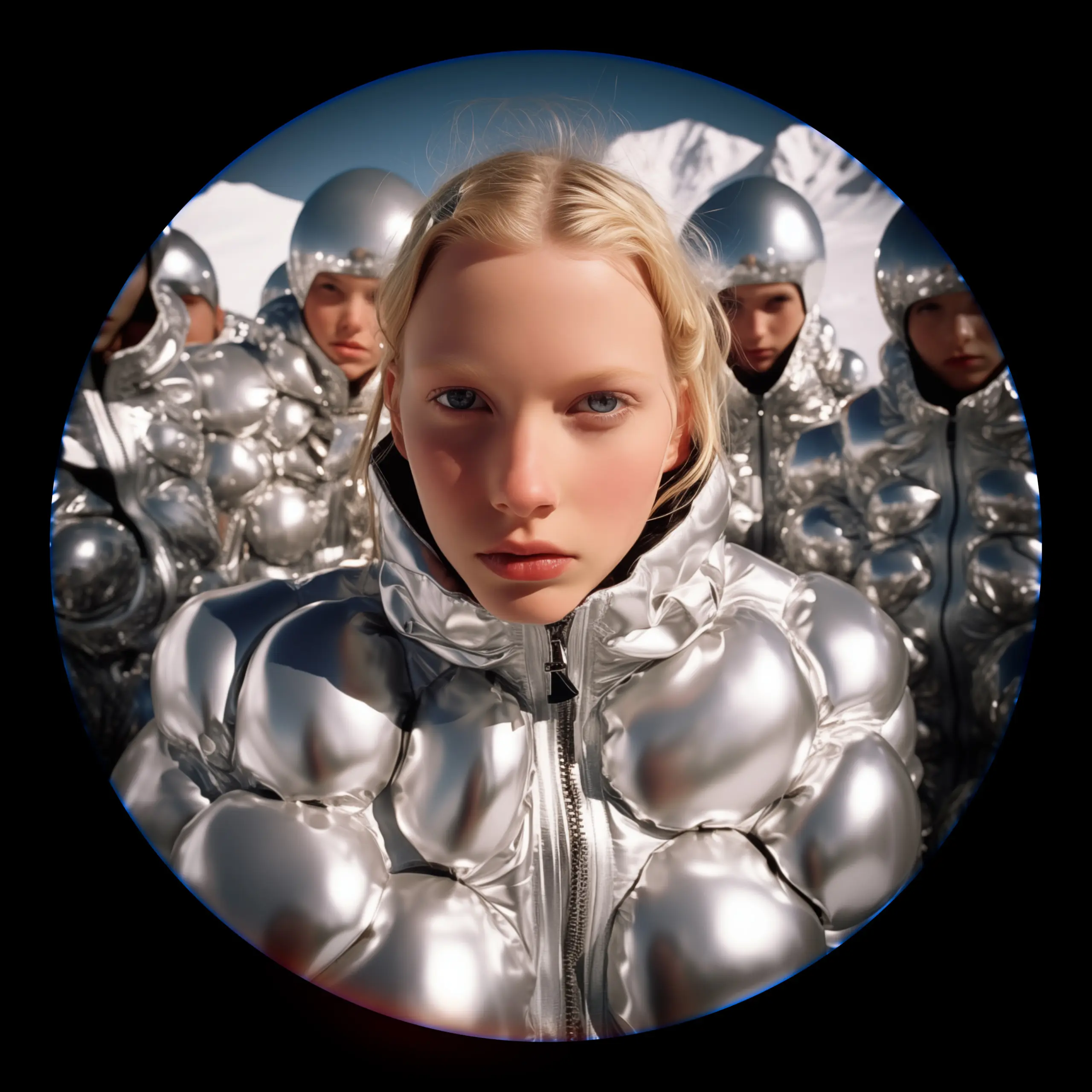 ai image of fashion photography on snowy mountain, women with chrome puffer jackets, fisheye photography