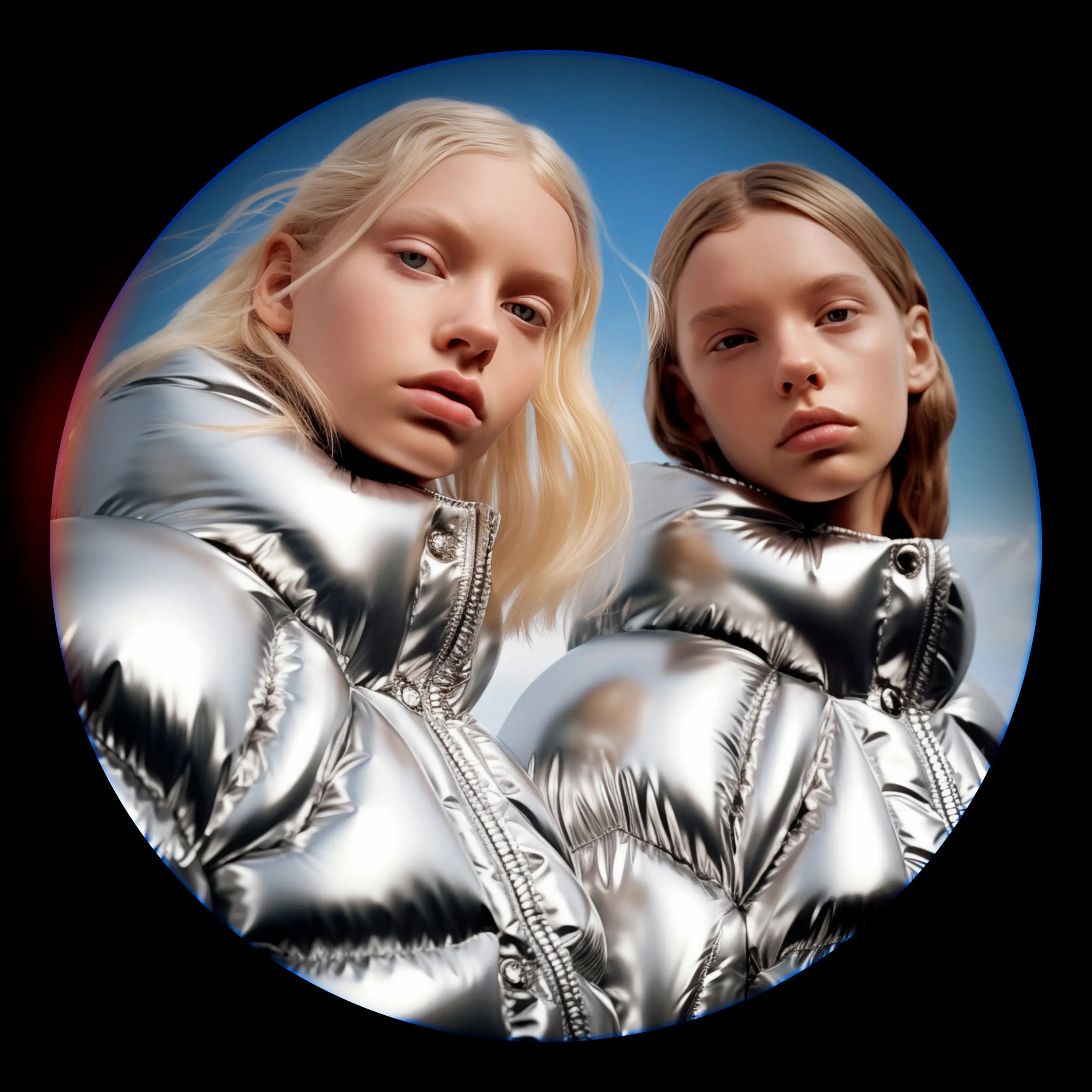 ai image of fashion photography on snowy mountain, women with chrome puffer jackets, fisheye photography