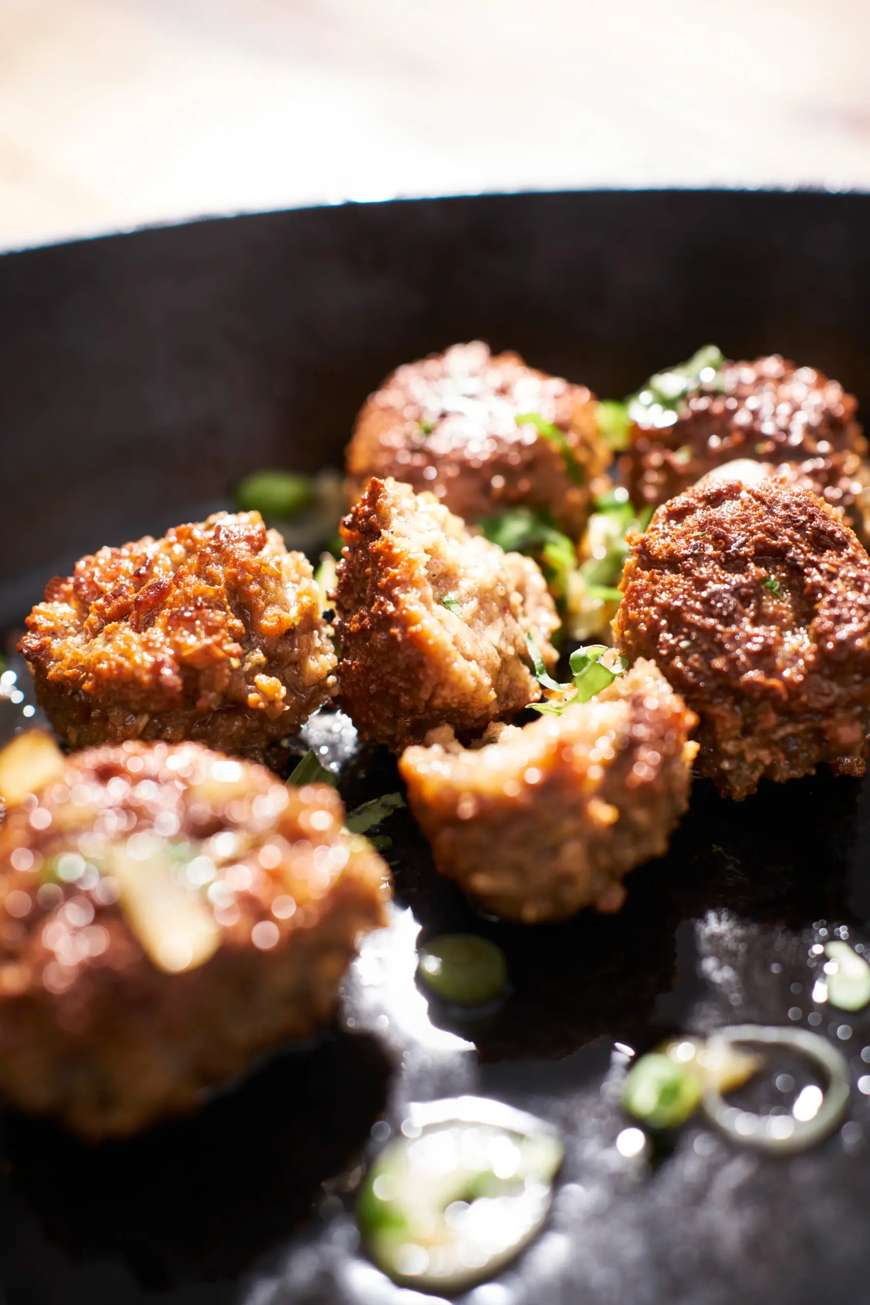 food photography of vegan meatballs in a pan