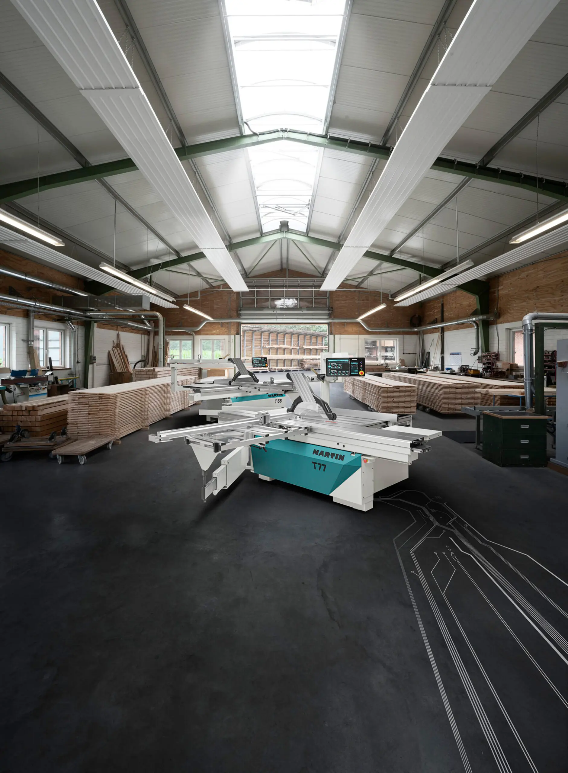 advertising photo of an interior of a large industrial workshop with a 3d rendered woodworking machine