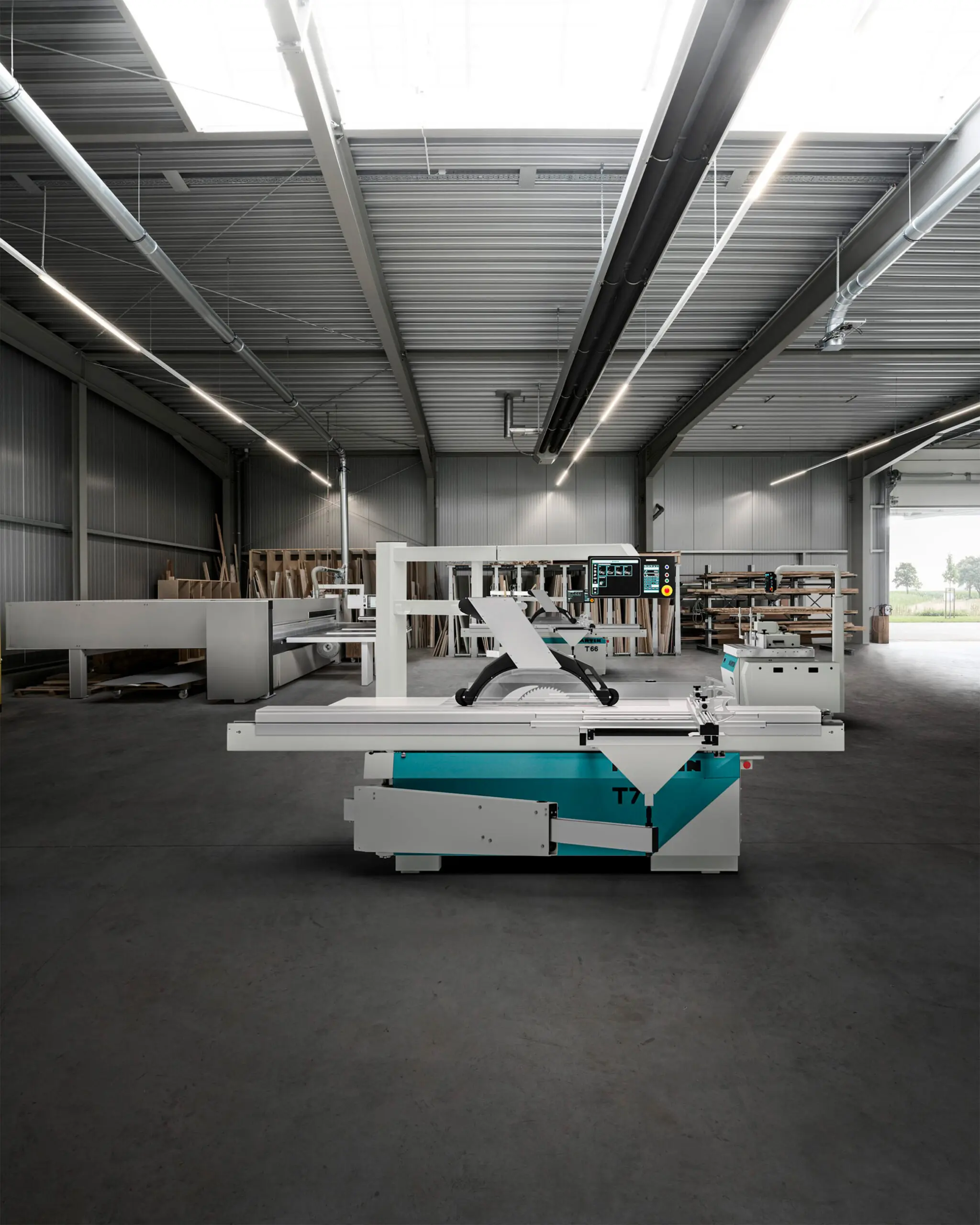 advertising photo of an interior of a large industrial workshop with a 3d rendered woodworking machine