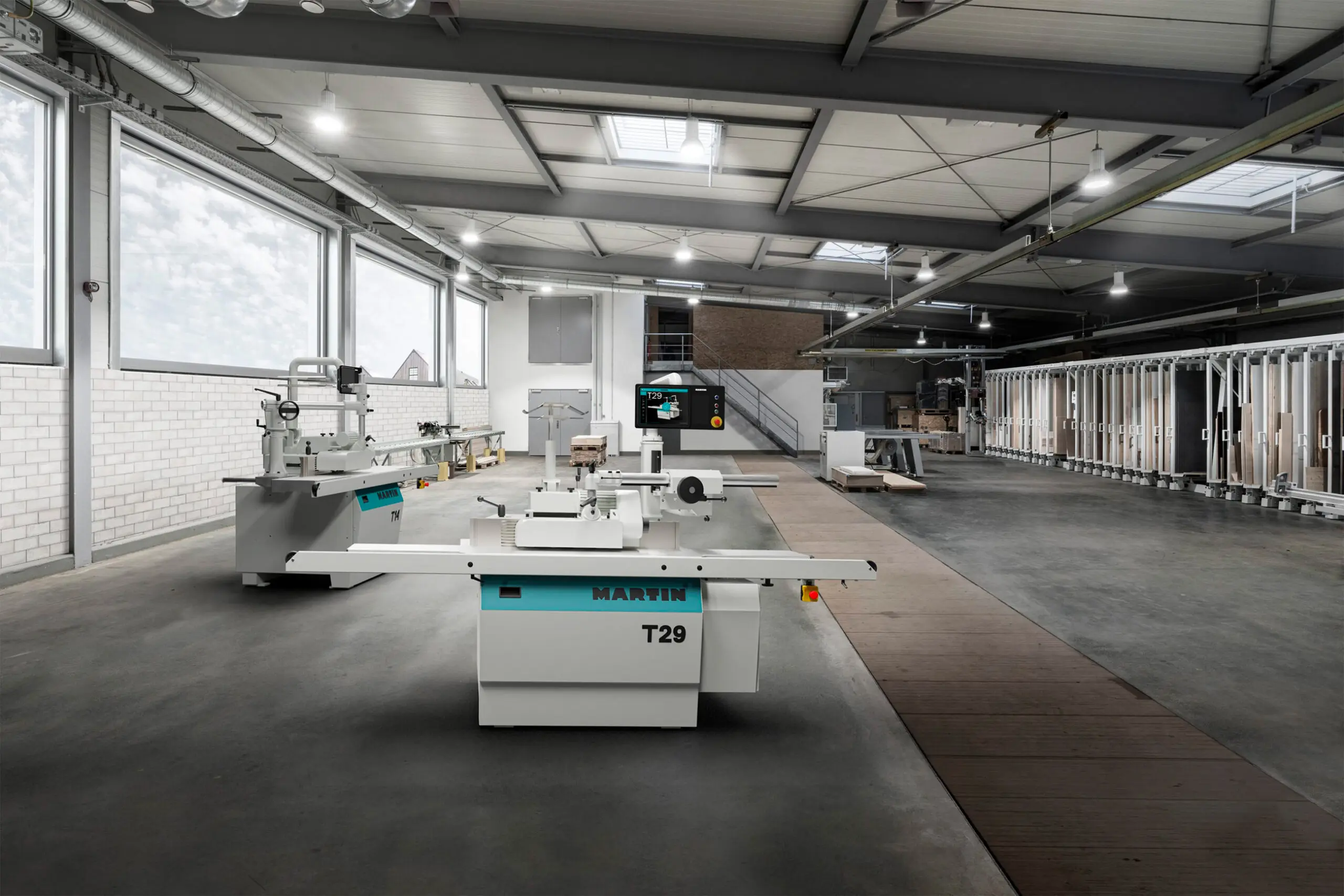 advertising photo of an interior of a large industrial workshop with a 3d rendered woodworking machine