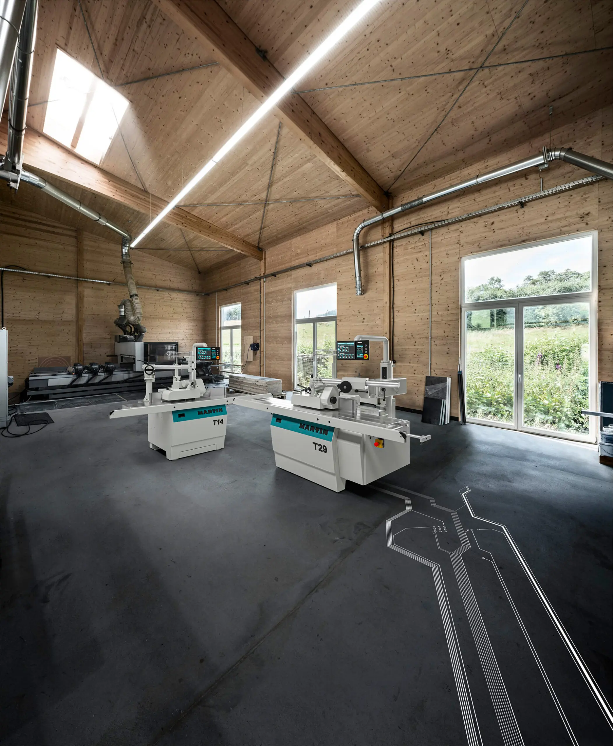 advertising photo of an interior of a large industrial workshop with a 3d rendered woodworking machine