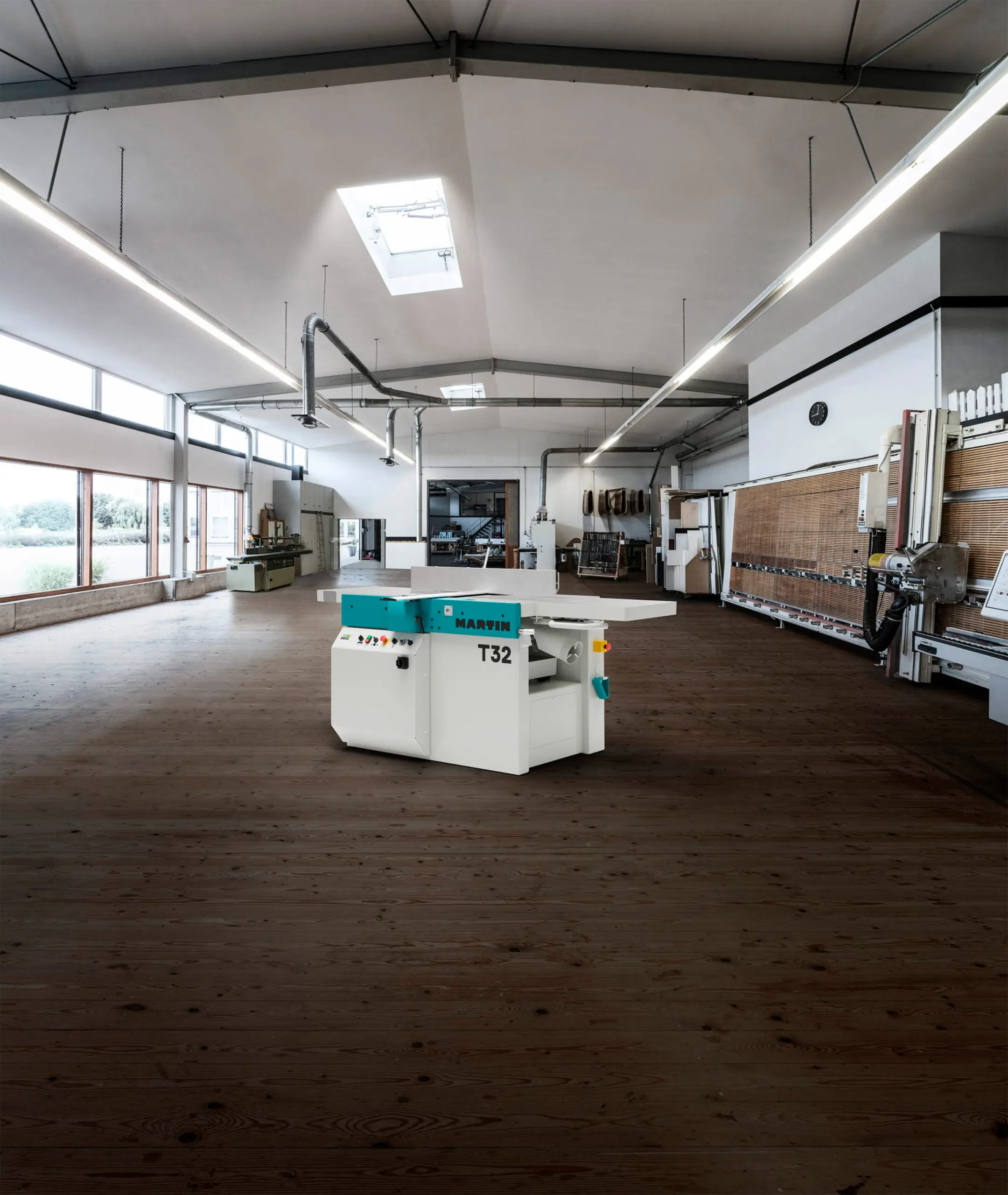 advertising photo of an interior of a large industrial workshop with a 3d rendered woodworking machine