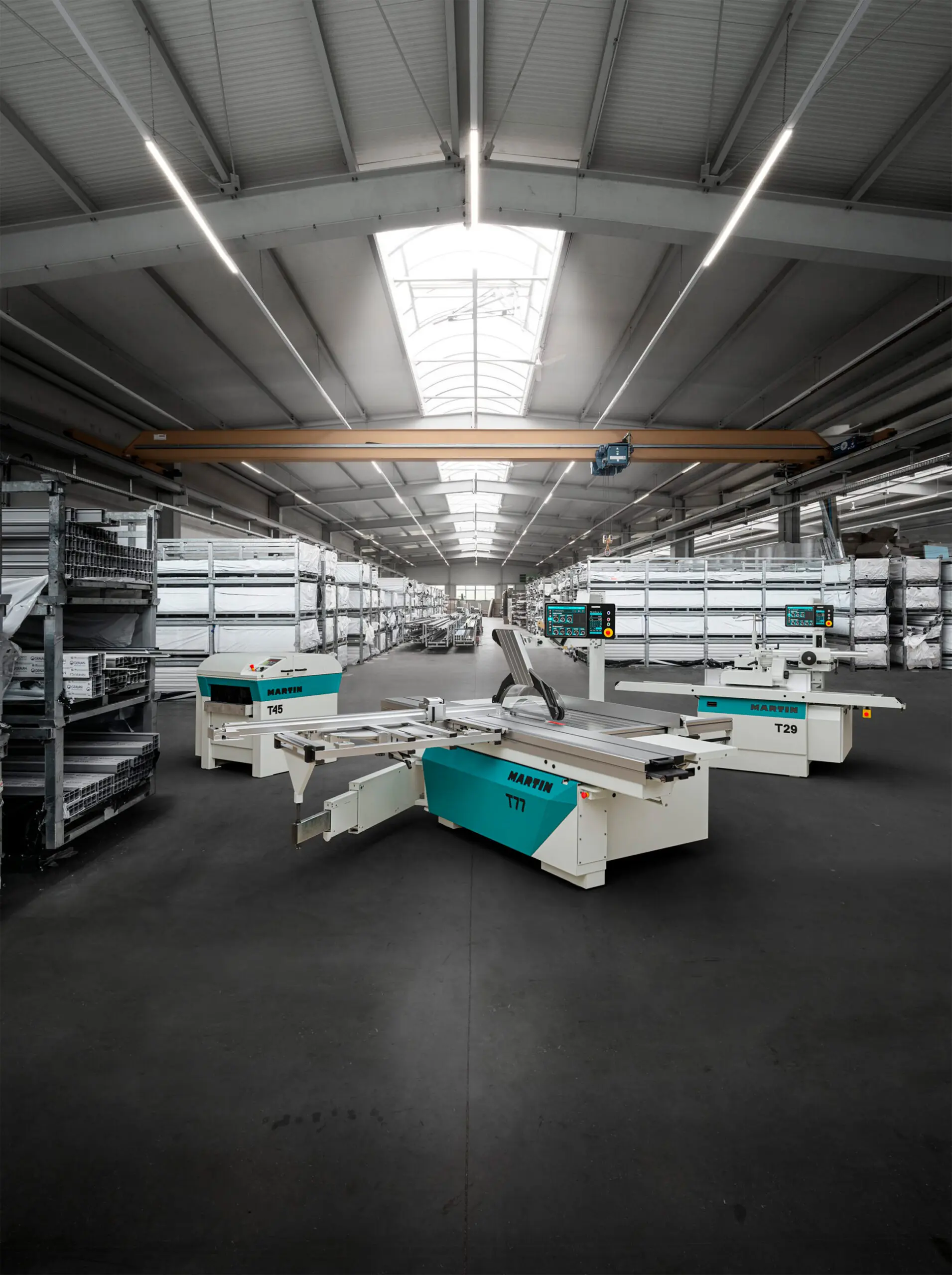 advertising photo of an interior of a large industrial workshop with a 3d rendered woodworking machine