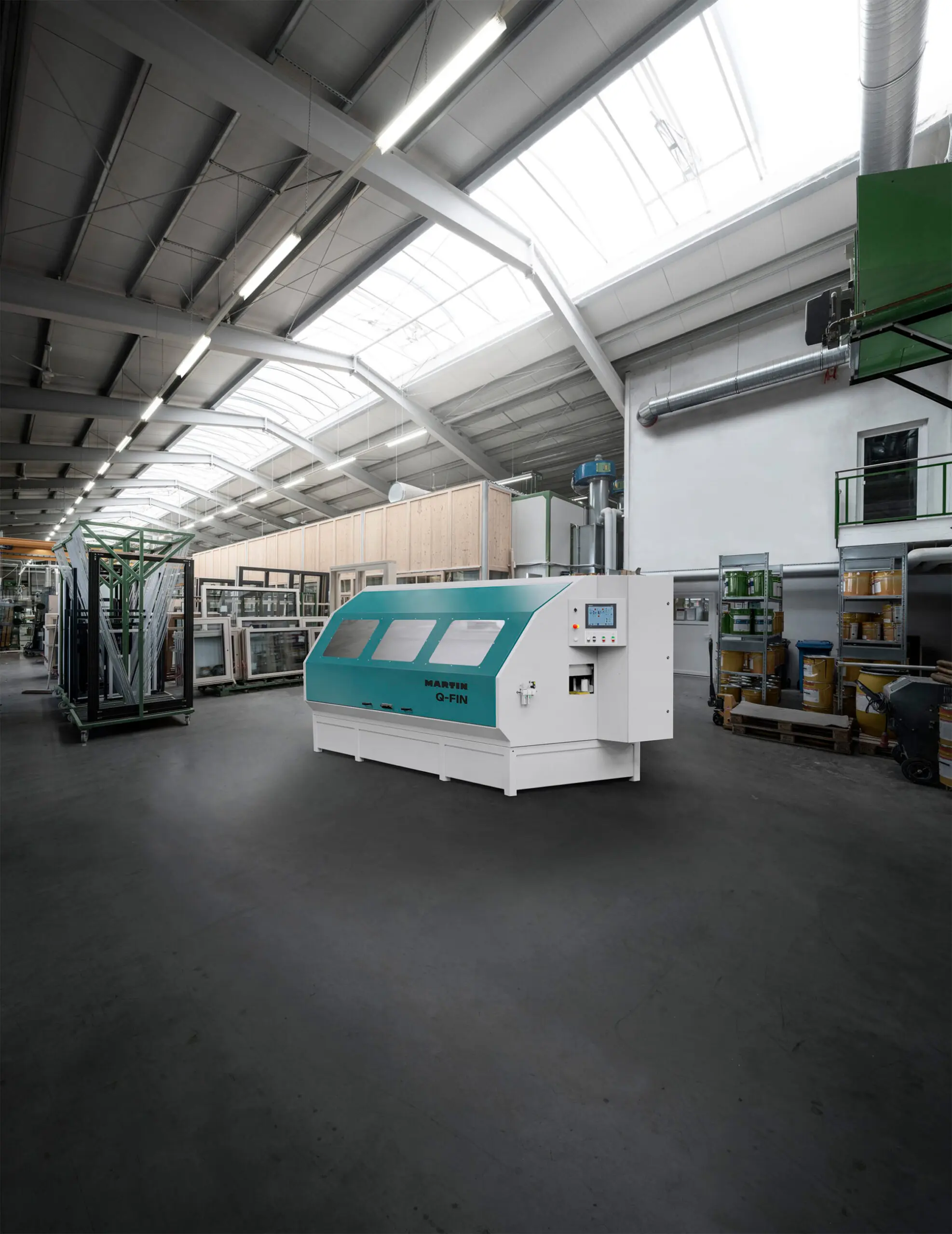 advertising photo of an interior of a large industrial workshop with a 3d rendered woodworking machine